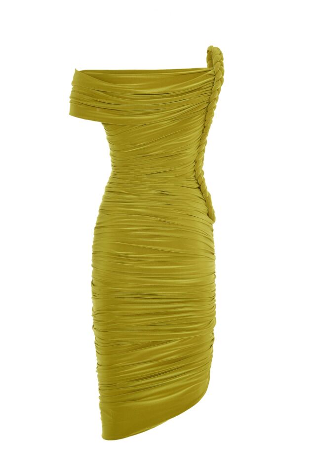 Örgü Drape Detaylı Asimetrik Kesim Elbise