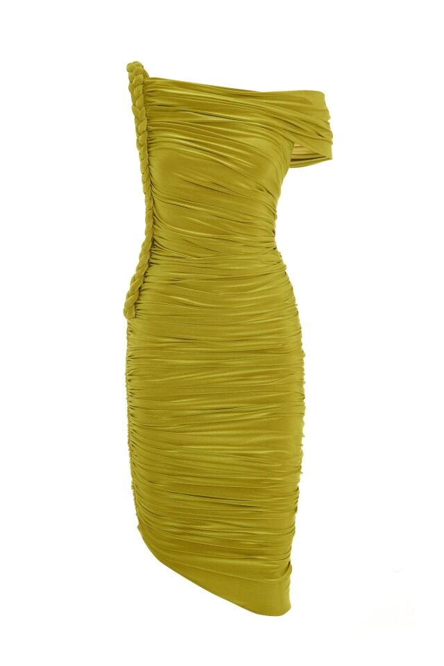 Örgü Drape Detaylı Asimetrik Kesim Elbise