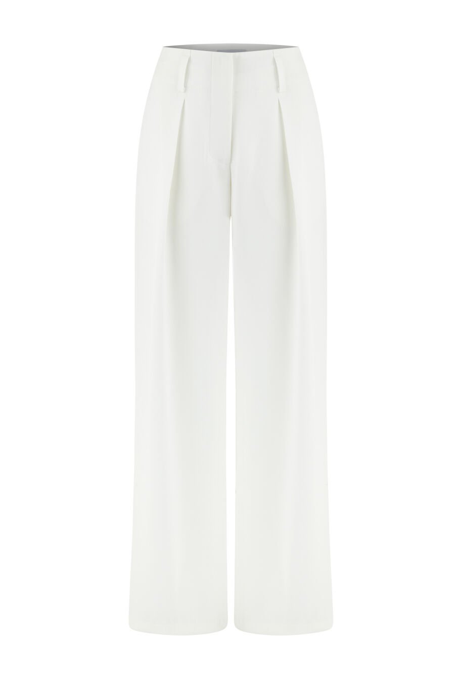 Krep Yüksek Bel Pileli Beyaz Pantolon