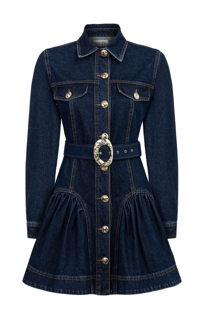 Uzun Kollu Kemerli Lacivert Denim Elbise