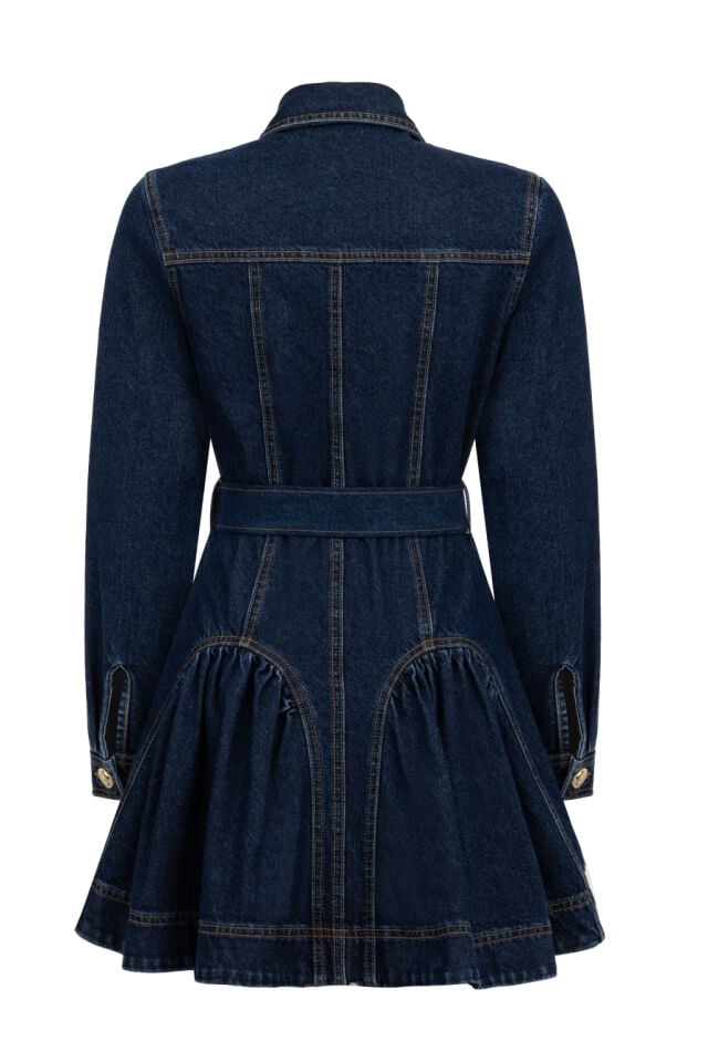 Uzun Kollu Kemerli Lacivert Denim Elbise