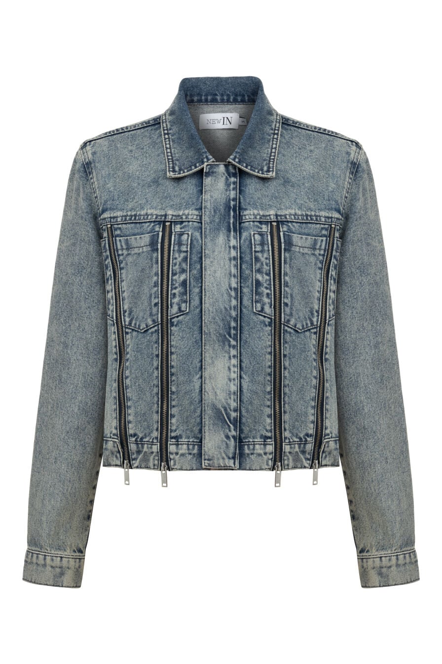 Taşlanmış Fermuar Detaylı Denim Ceket