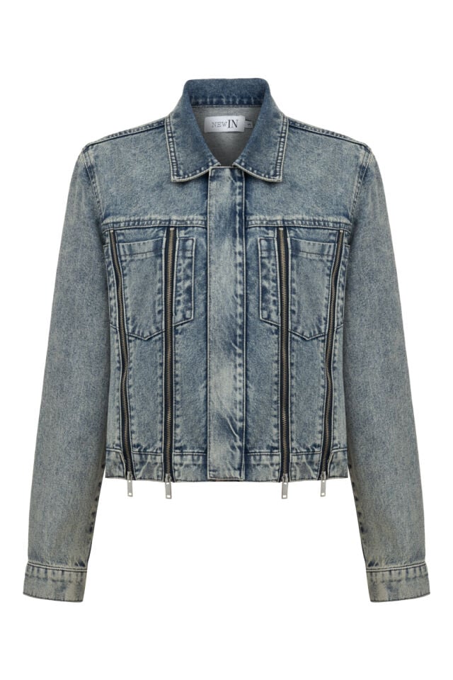 Taşlanmış Fermuar Detaylı Denim Ceket
