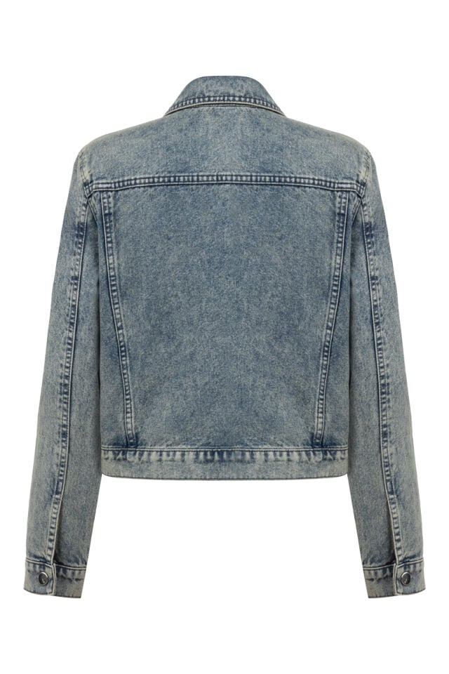 Taşlanmış Fermuar Detaylı Denim Ceket