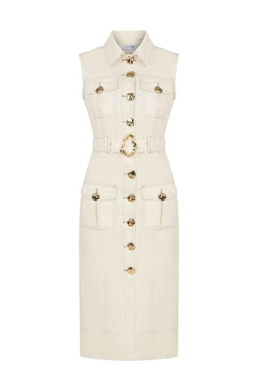 GOLD DÜĞMELİ BEYAZ DENİM ELBİSE