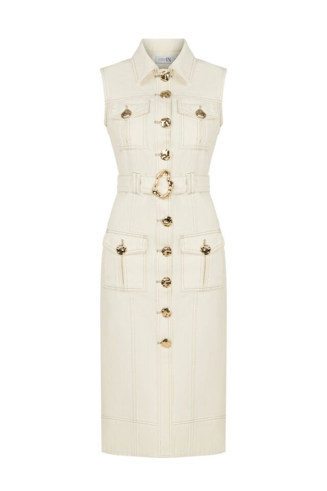 GOLD DÜĞMELİ BEYAZ DENİM ELBİSE