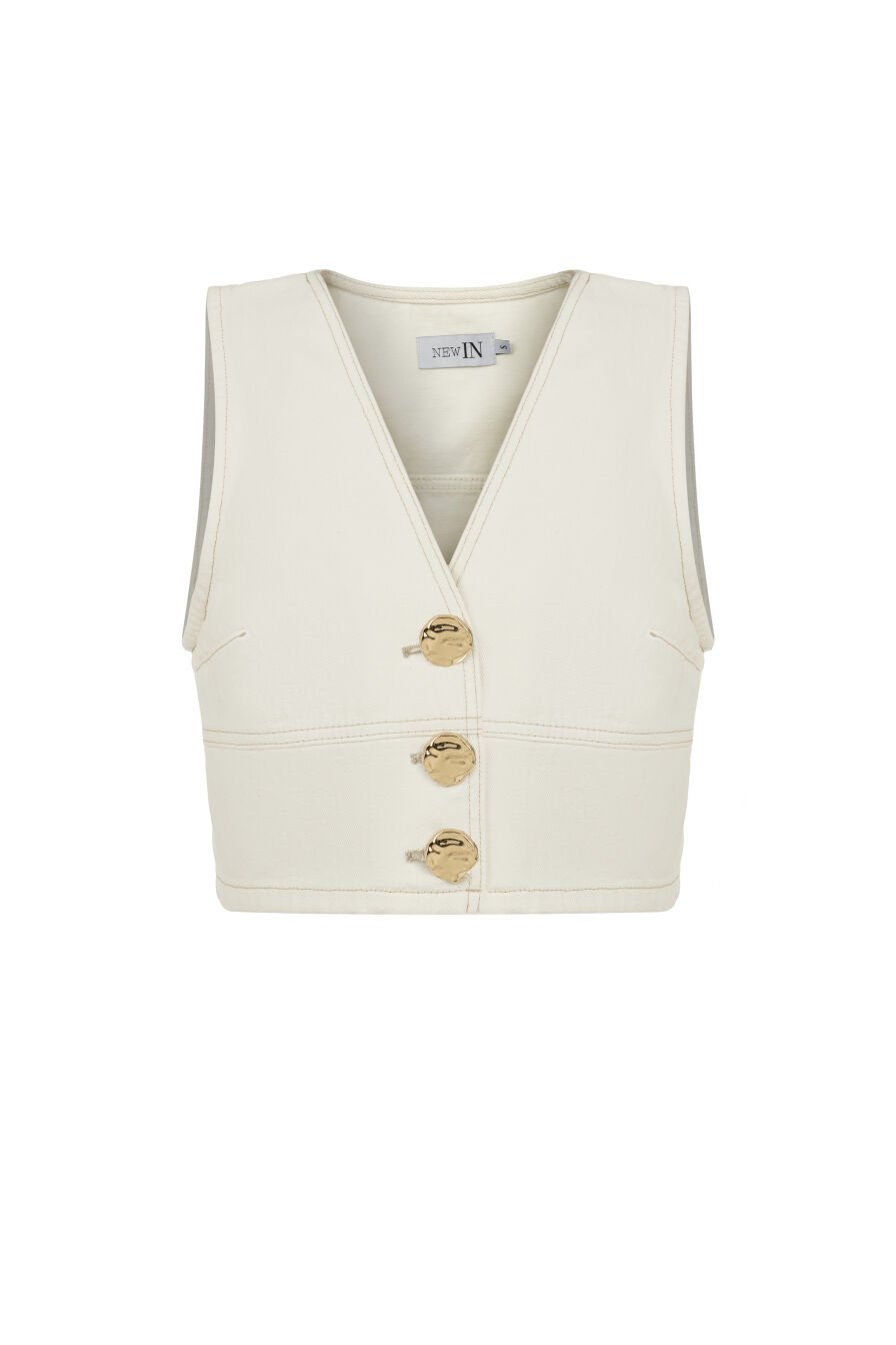 GOLD DÜĞMELİ BEYAZ DENİM YELEK