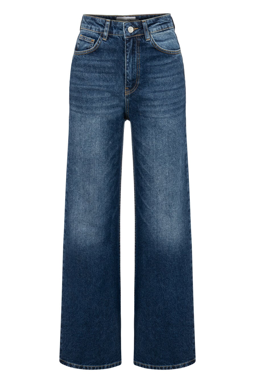 Yüksek Bel Taşlanmış Lacivert Denim Pantolon