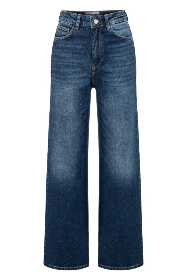 Yüksek Bel Taşlanmış Lacivert Denim Pantolon