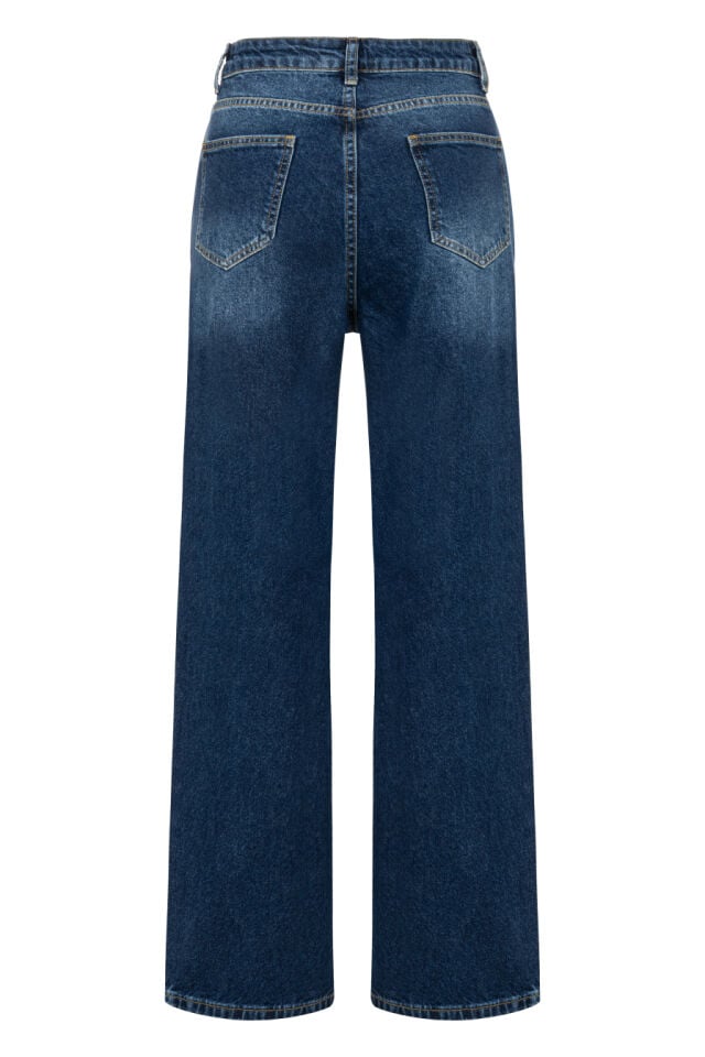 Yüksek Bel Taşlanmış Lacivert Denim Pantolon