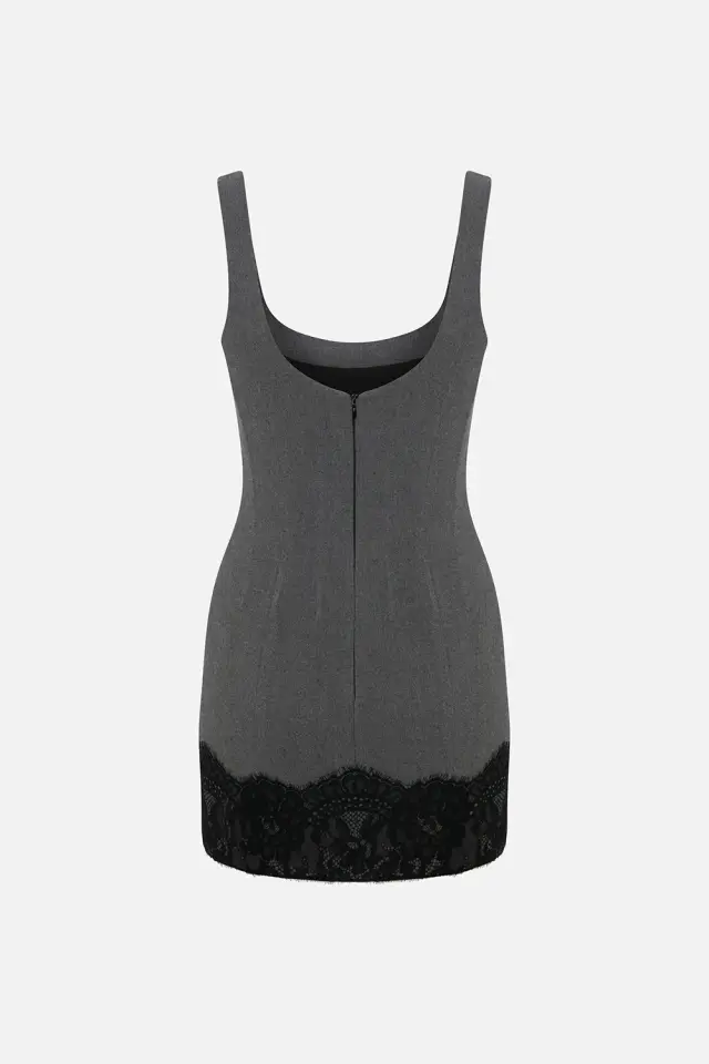 Luna U-Neck Lace-Trim Mini Dress in Grey