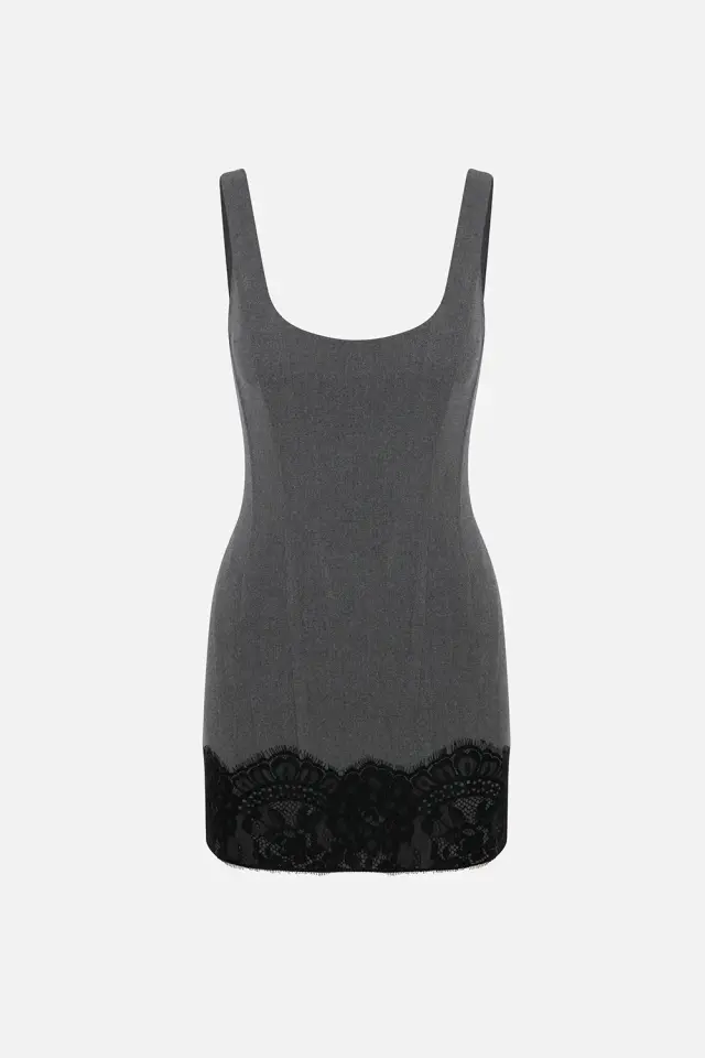 Luna U-Neck Lace-Trim Mini Dress in Grey