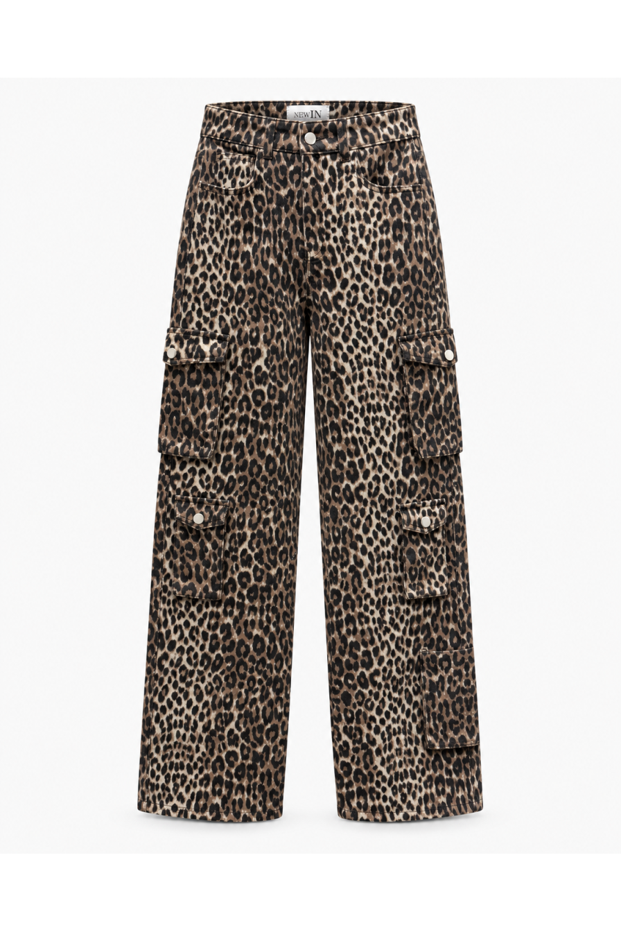 Leopar Desenli Kargo Denim Pantolon