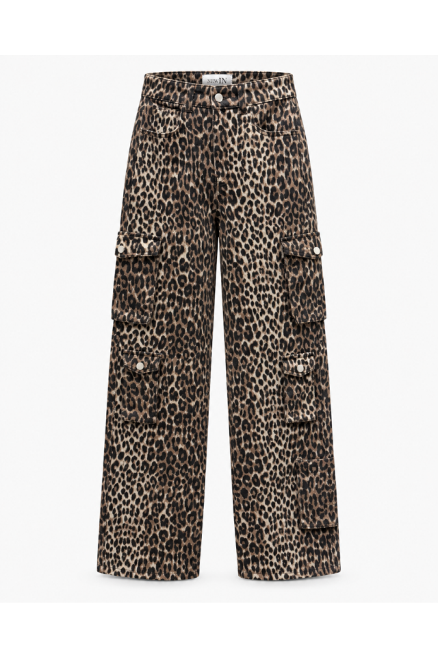 Leopar Desenli Kargo Denim Pantolon