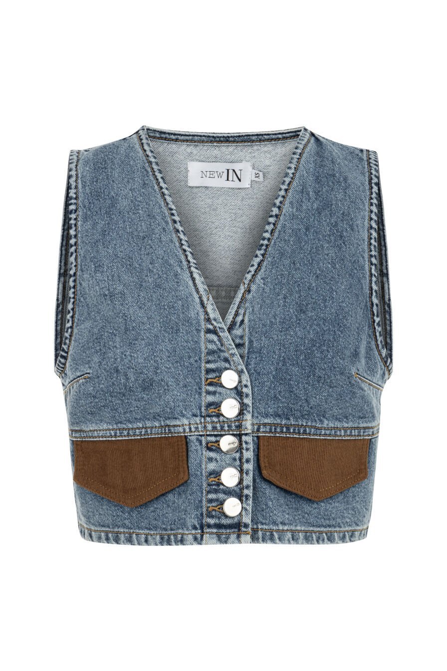 Kadife Cep Detaylı Denim Yelek