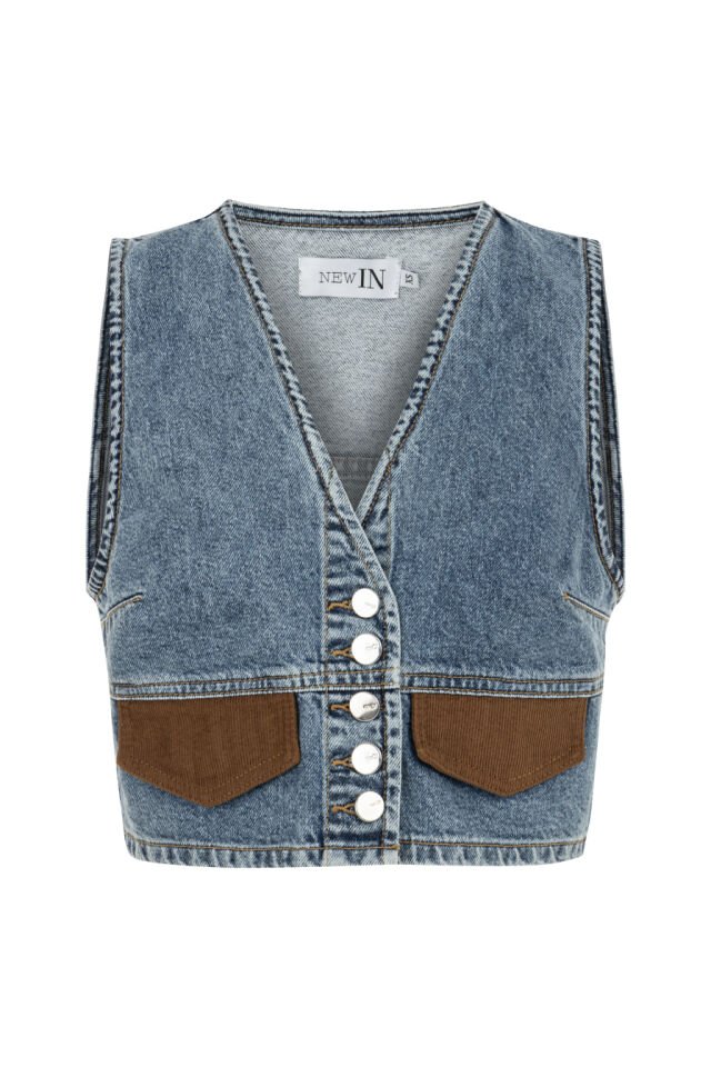 Kadife Cep Detaylı Denim Yelek