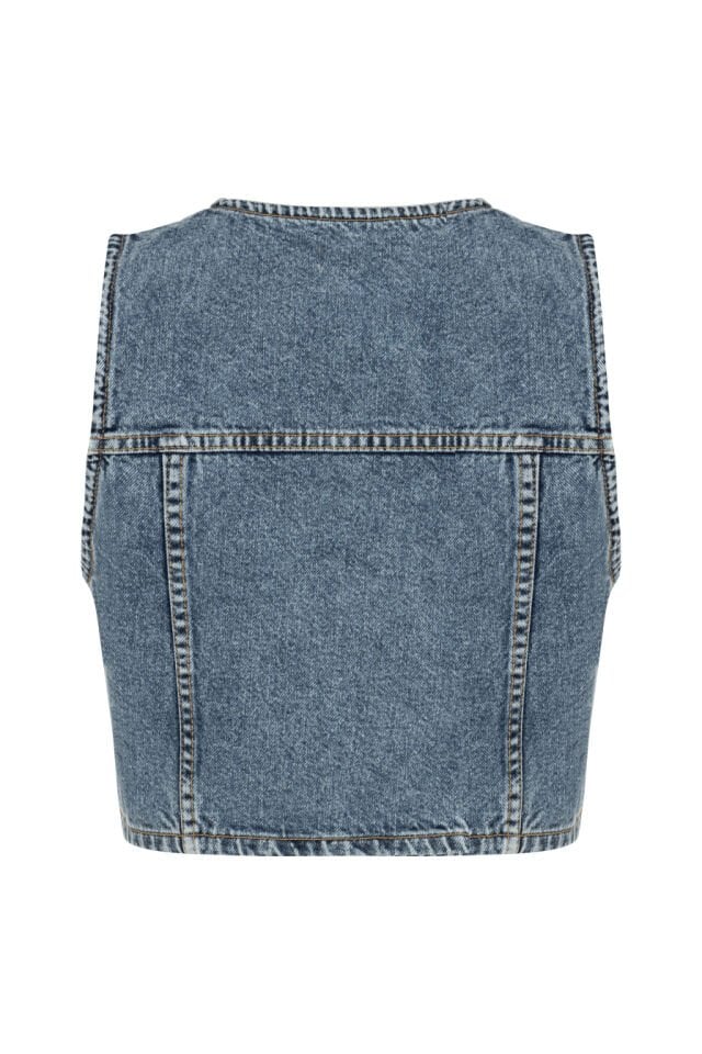 Kadife Cep Detaylı Denim Yelek