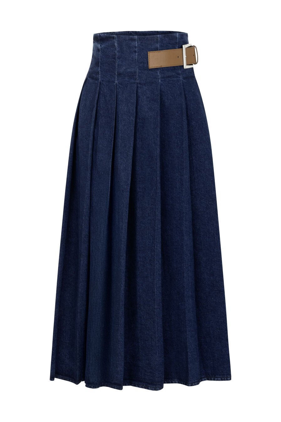 Kemer Detaylı Pileli Denim Etek