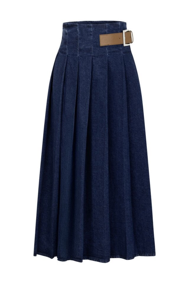 Kemer Detaylı Pileli Denim Etek