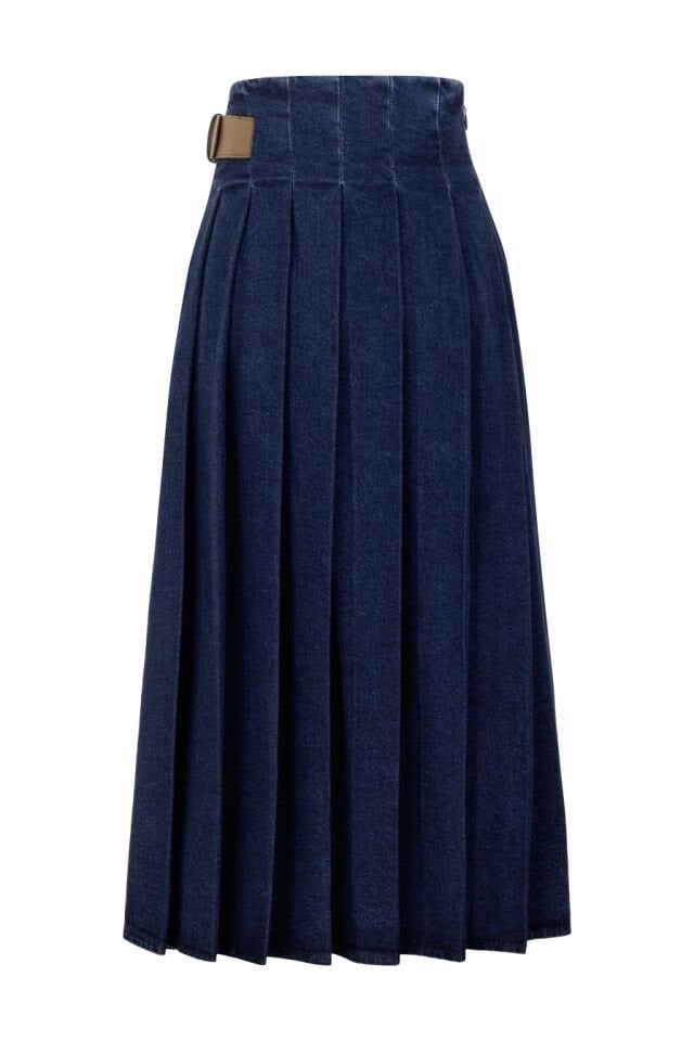 Kemer Detaylı Pileli Denim Etek