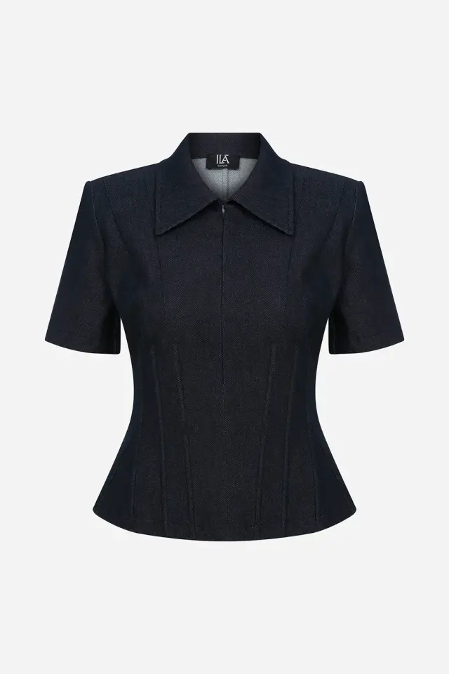 Kira - Polo Yaka Korse Detaylı Kot Tişört