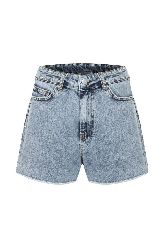 Droplu Buz Mavisi Denim Şort