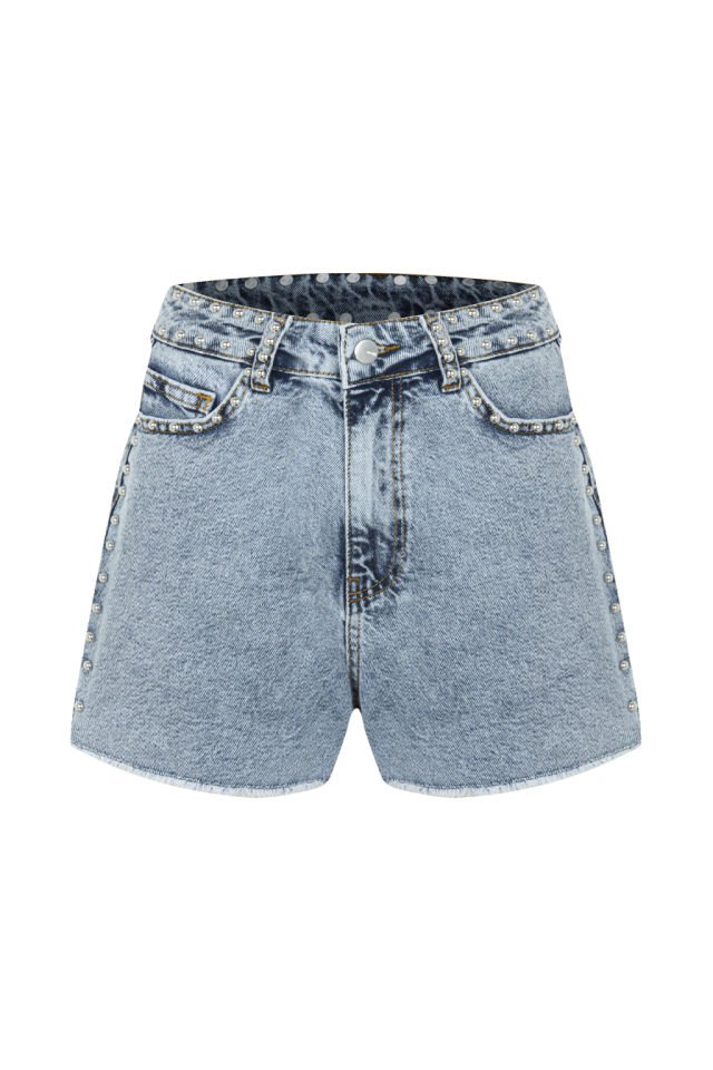 Droplu Buz Mavisi Denim Şort