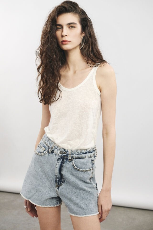 Droplu Buz Mavisi Denim Şort