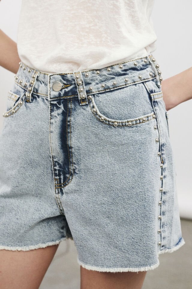 Droplu Buz Mavisi Denim Şort