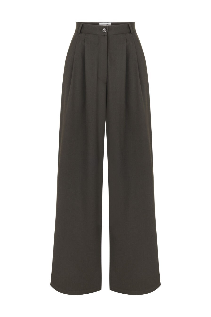 Kahverengi Pileli Geniş Paça Pantolon