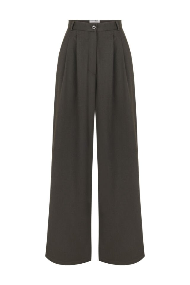 Kahverengi Pileli Geniş Paça Pantolon