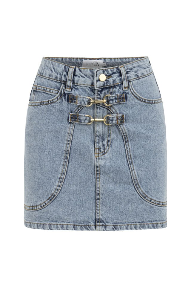 Kancalı Mavi Denim Etek