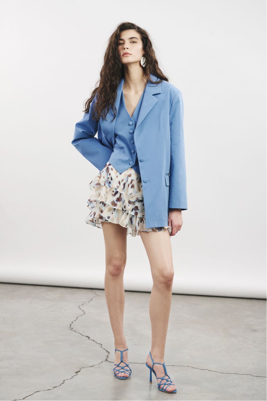 Oversize Arkası Düğmeli Mavi Koton Ceket