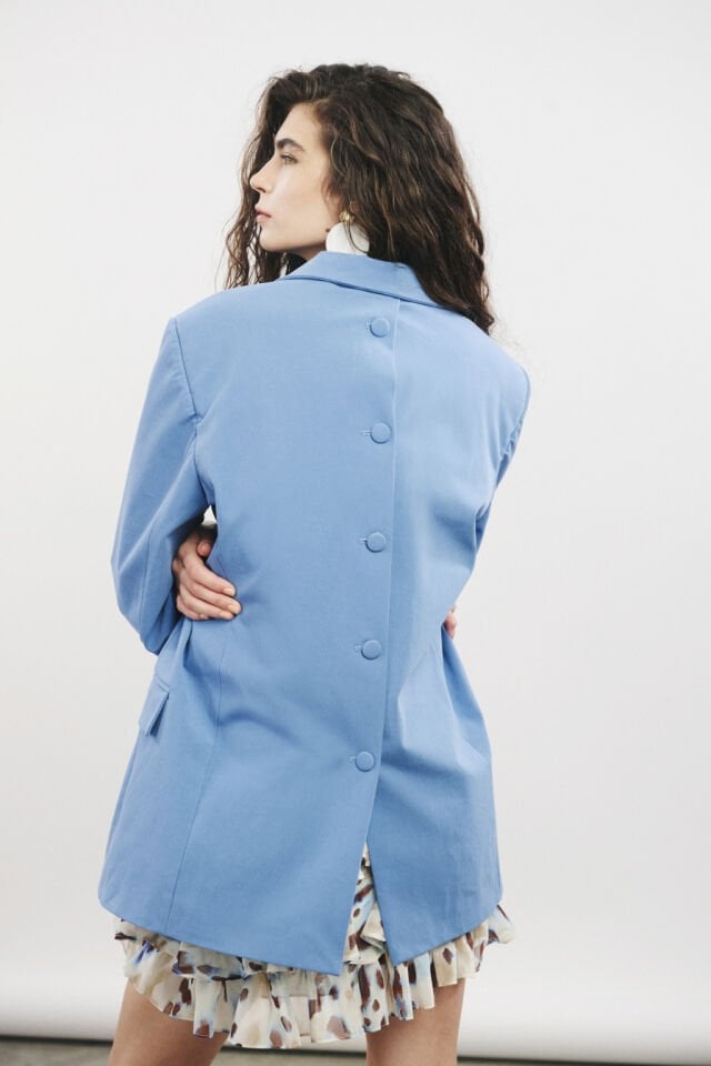 Oversize Arkası Düğmeli Mavi Koton Ceket