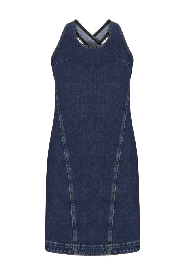 Sırt Dekolteli Lacivert Denim Mini Elbise