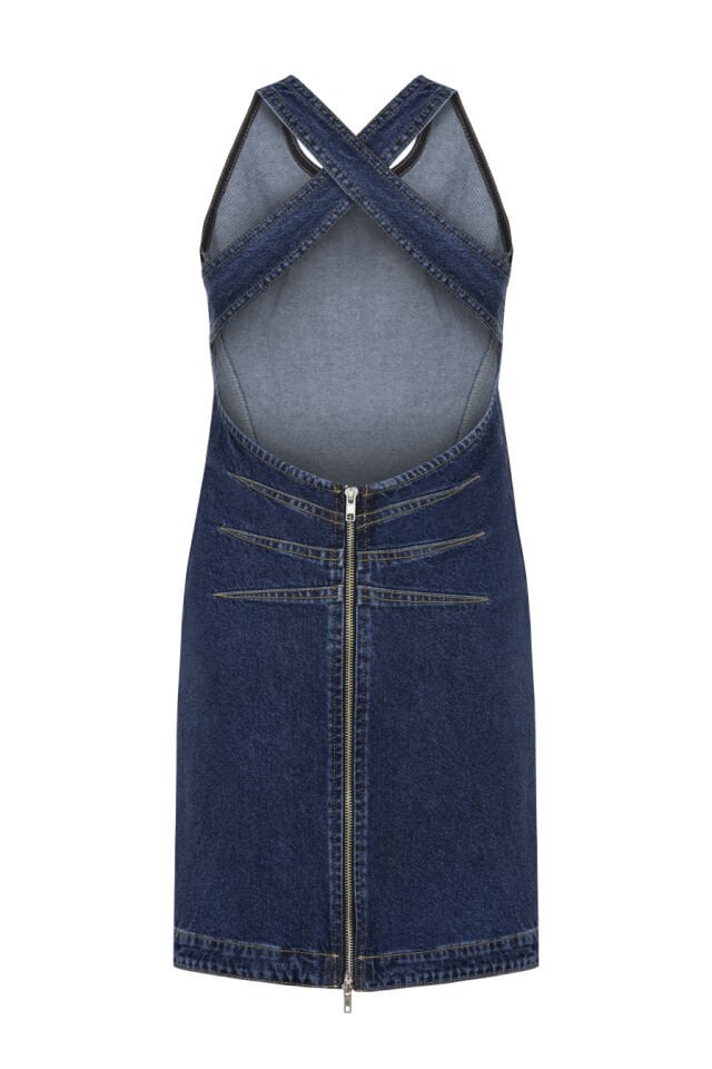 Sırt Dekolteli Lacivert Denim Mini Elbise