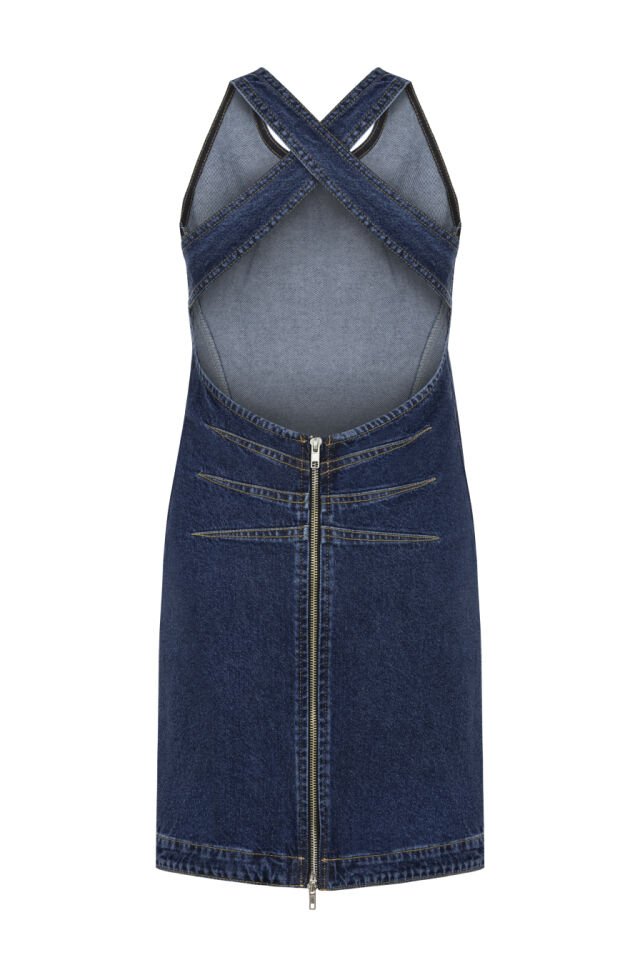 Sırt Dekolteli Lacivert Denim Mini Elbise