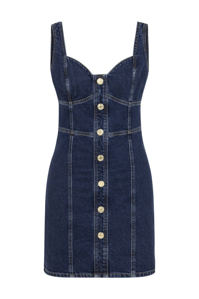 Düğme Detaylı Lacivert Denim Mini Elbise