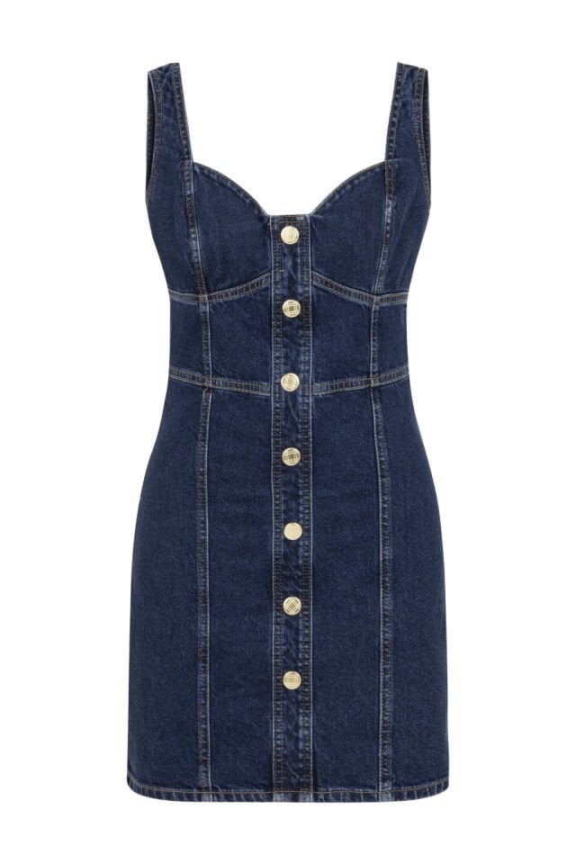 Düğme Detaylı Lacivert Denim Mini Elbise