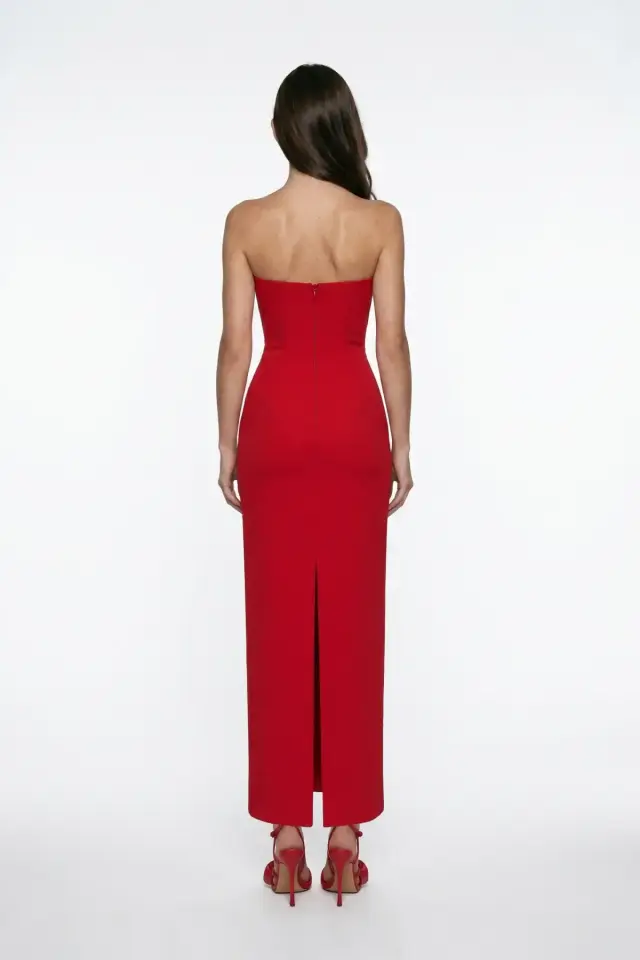 KIRMIZI KORSE DETAYLI KREP MİDİ BODYCON ELBİSE