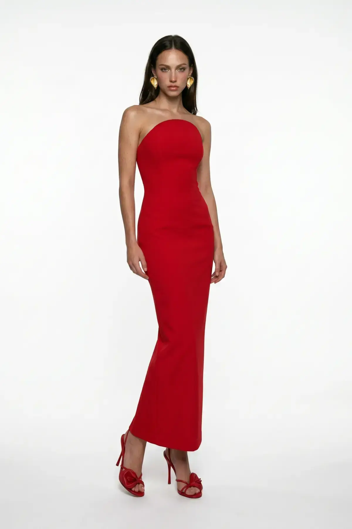 KIRMIZI KORSE DETAYLI KREP MİDİ BODYCON ELBİSE