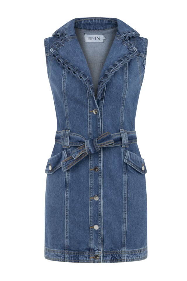 Yakası Örgülü Mavi Denim Elbise