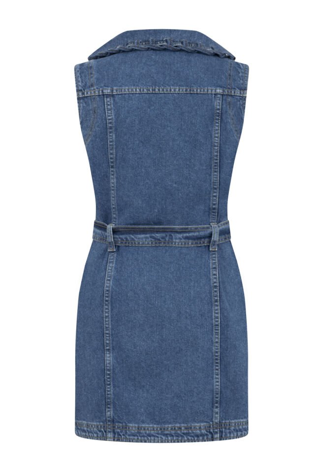 Yakası Örgülü Mavi Denim Elbise