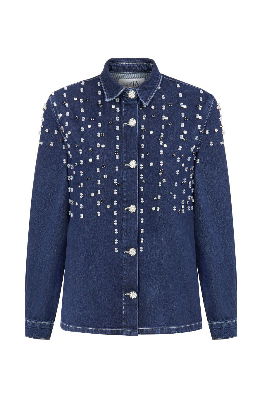 Taş İşlemeli Denim Gömlek