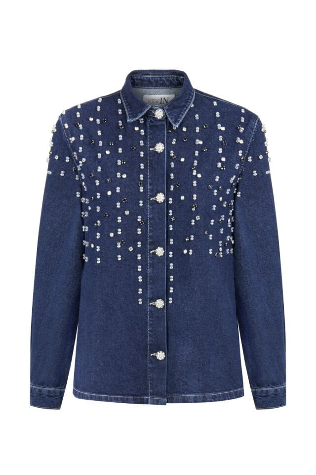 Taş İşlemeli Denim Gömlek