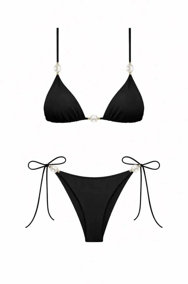 İncili Üçgen Bikini Siyah