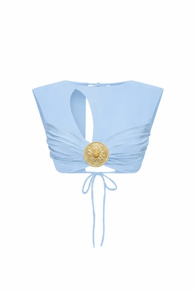 Spring Medallion Detail Blue Crop Blouse