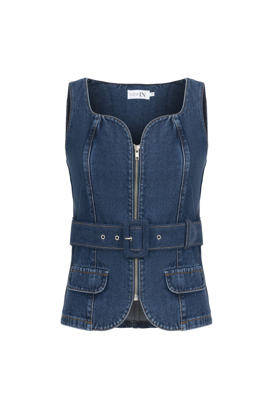 Kemerli Lacivert Denim Yelek