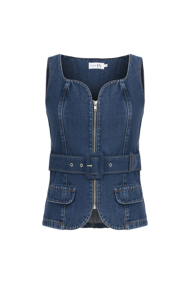 Kemerli Lacivert Denim Yelek