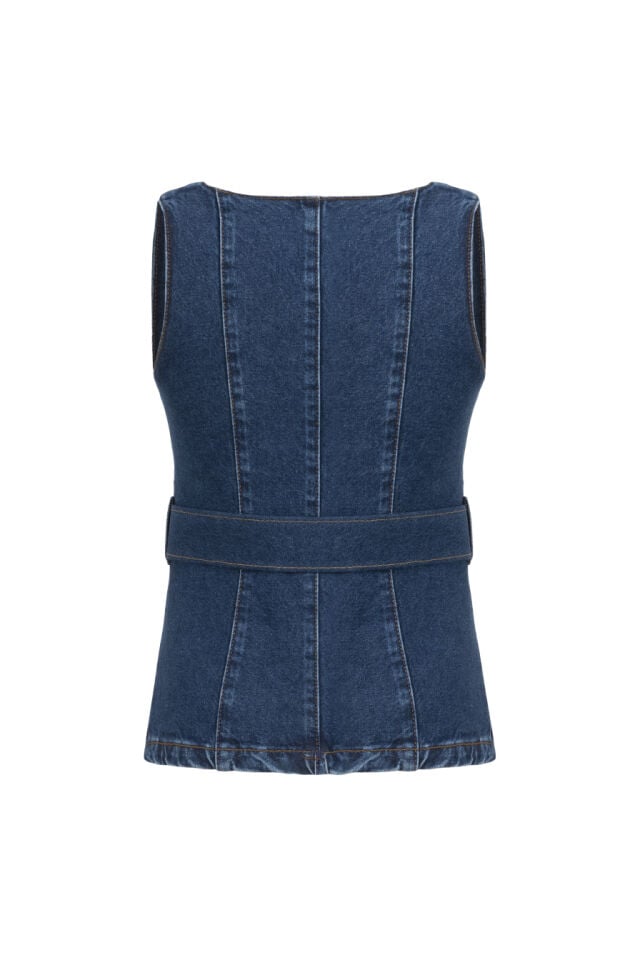 Kemerli Lacivert Denim Yelek